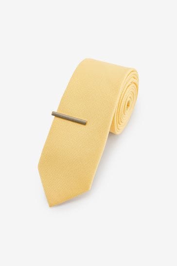 Yellow Slim Textured Tie And Clip