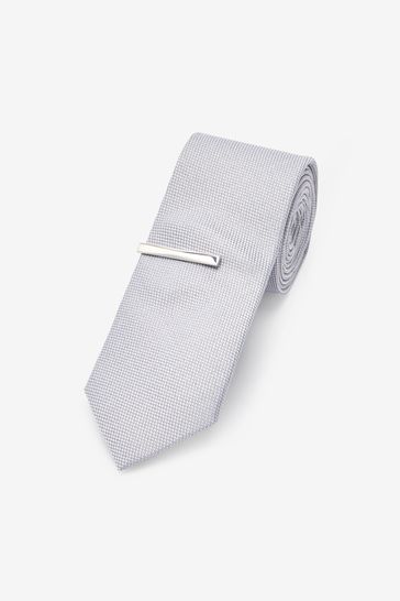 Silver Grey Slim Textured Tie And Clip