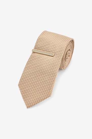 Neutral Brown Textured Tie And Clip