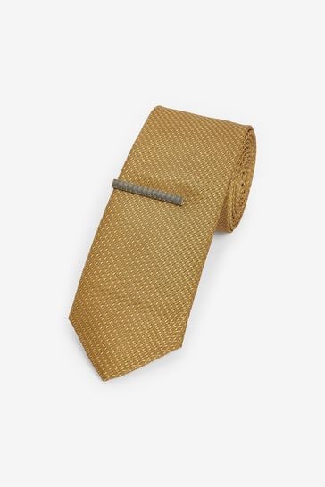 Mustard Yellow Slim Textured Tie And Clip Set