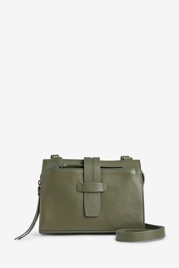 Khaki Green Leather Tab Detail Cross-Body Bag