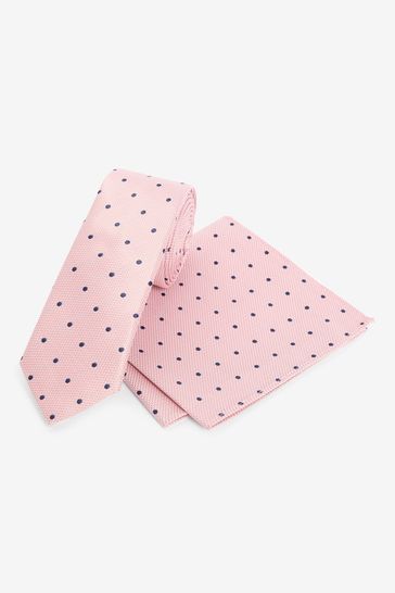 Pink Polka Dot Slim Tie And Pocket Square Set