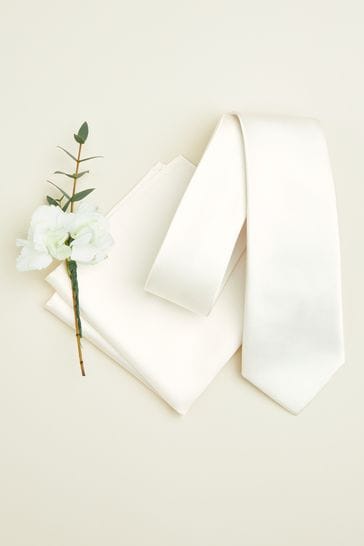 Ivory Cream Slim Silk Tie And Pocket Square Set