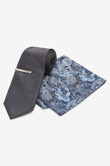 Grey/Blue Floral Slim Tie, Pocket Square And Tie Clip Set