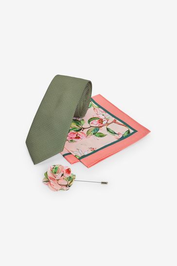 Olive Green/Pink Floral Tie, Pocket Square And Lapel Pin Set