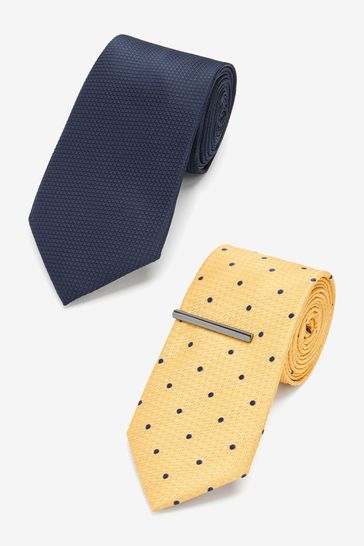 Navy Blue/Yellow Polka Dot Textured Tie With Tie Clip 2 Pack