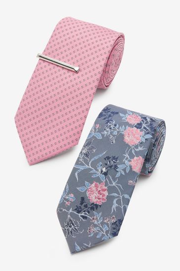 Pink/Grey Silver Floral Textured Tie With Tie Clip 2 Pack
