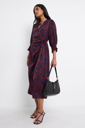 JD Williams Blue Animal Print Wrap Dress With Shirred Cuffs