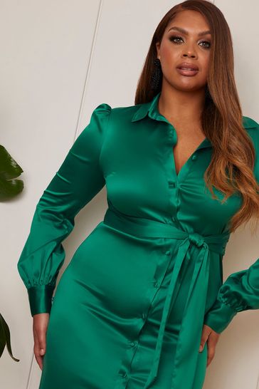 Buy Chi Chi London Green Satin Tie Detail Shirt Dress from Next