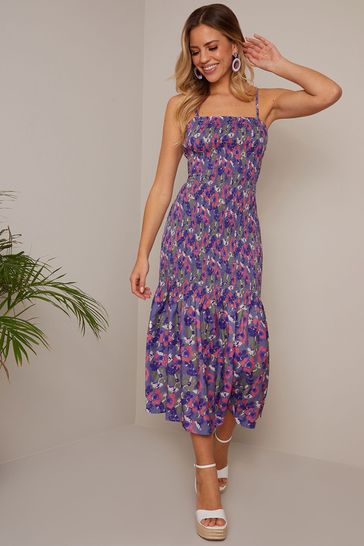 Chi Chi London Purple Floral Print Shirred Bodice Midi Dress