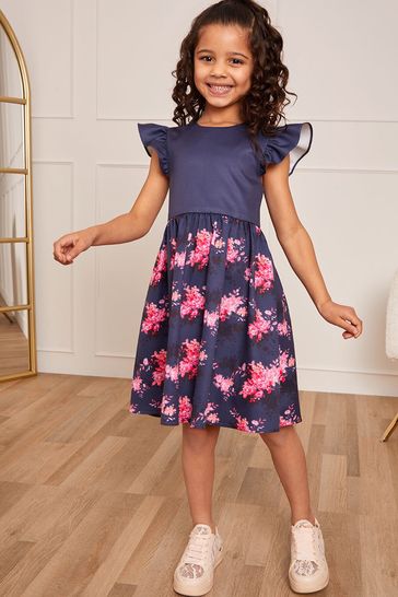 Chi Chi London Blue Ruffle Floral Print Girls Midi Dress