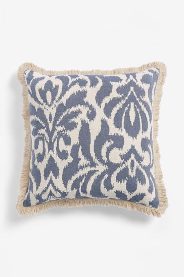 Buy Blue Ikat Jacquard Geo Fringe Cushion from Next Luxembourg