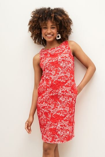 Red Floral Print Sleeveless Linen Blend Mini Shift Dress