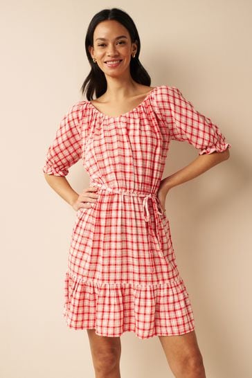 Red/White Check Puff Sleeve Linen Mix Mini Dress