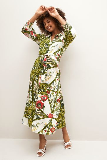 Buy Green Palm Print Angel Sleeve Midi Shirt Dress from Next Denmark