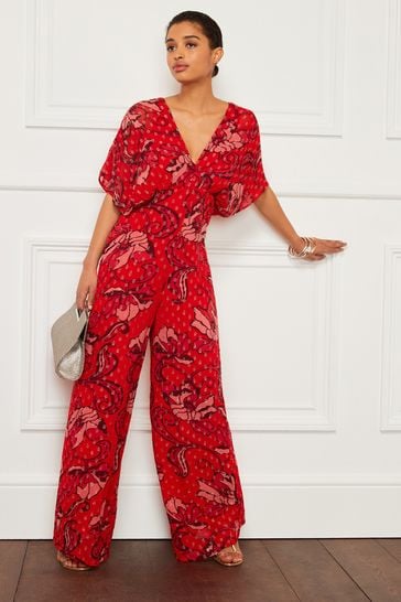 Buy Red Floral Sparkle Batwing Wide Leg Jumpsuit from Next Luxembourg