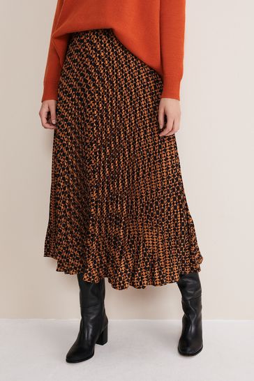 Phase Eight Orange Elmina Pleated Geo Print Midi Skirt