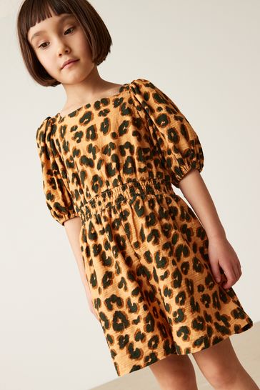 Brown Leopard Puff Sleeve Playsuit (3-16yrs)