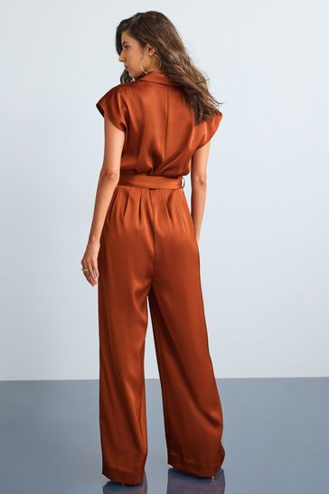 Buy Brown Satin Belted Wide Leg Jumpsuit from Next Luxembourg