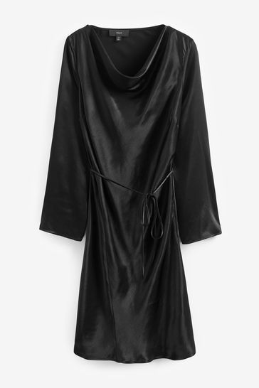 Black satin cowl deals neck mini dress