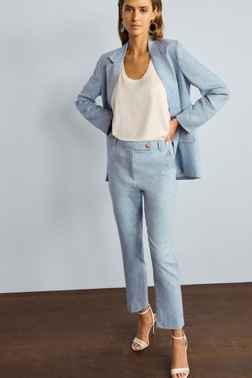 Buy Blue Linen Blend Textured Taper Trousers from Next Luxembourg