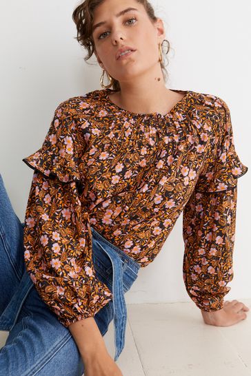 Oliver Bonas Paisley & Floral Print Frill Sleeve Brown Blouse