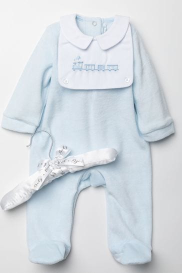 Rock A Bye Baby Boutique Blue Train-Detail Velour Sleepsuit