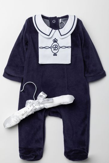 Rock A Bye Baby Boutique Navy Blue Velour Smocking Detail Sleepsuit