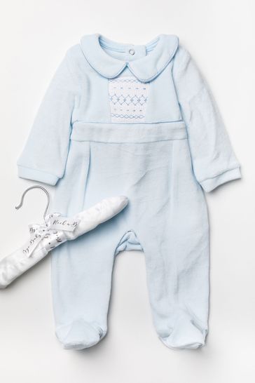 Rock A Bye Baby Boutique Blue Velour Smocking Detail Sleepsuit