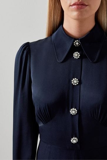 LK Bennett Navy Blue Mira Crepe Long Sleeve Tea Dress