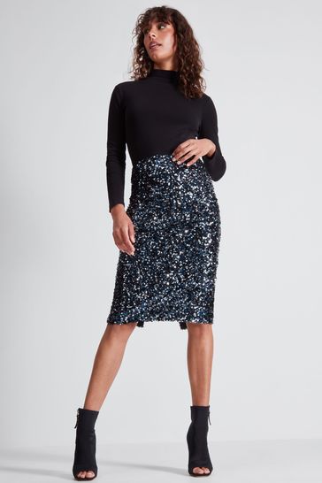 Sonder Studio Blue Midnight Sequin Midi Skirt