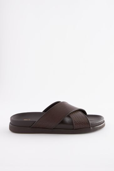 Brown Embossed Leather Cross Strap Sandals