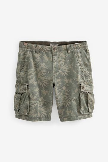 Buy Khaki Green Palm Print Washed Cotton Cargo Shorts from Next