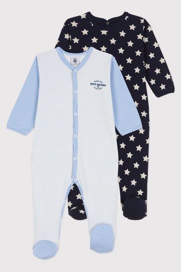 Petit Bateau Blue Stripes and Stars Cotton Babygrows 2 Packs