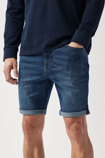 Mid Blue Slim Fit Stretch Denim Shorts