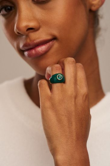 Orelia London Green Enamel Swarovski Domed Ring in Emerald