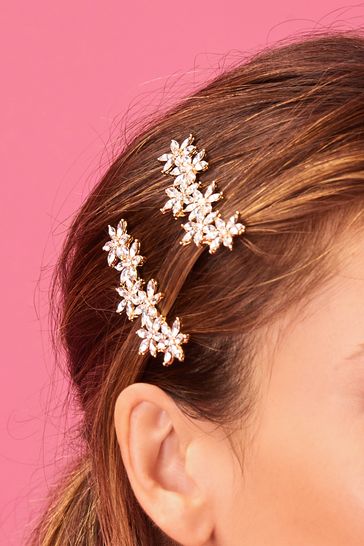 Gold Tone Sparkle Flower Hair Grips 2 Pack