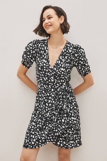 Black/White Spot Short Sleeve V-Neck Wrap Mini Dress