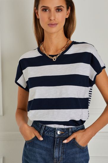 Buy Navy Blue/White Stripe Short Sleeve Crew Neck Slub T-Shirt from ...