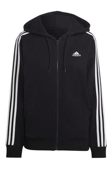 Black adidas 100 Cotton Sportswear Essentials 3 Stripes French Terry Regular Full Zip Hoodie