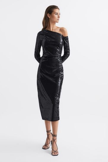 Reiss Black Jodie Sequined Midi Dress