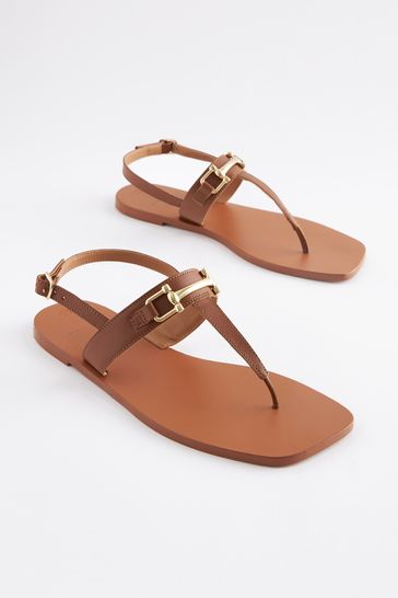 Tan Brown Extra Wide Fit Leather Toe Post Flat Sandals with Metal Detail