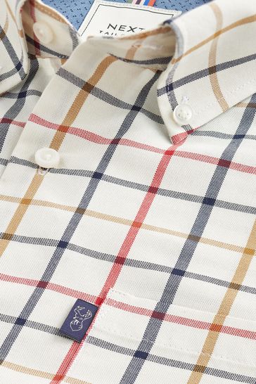 Cream/Neutral Check Regular Fit Short Sleeve Easy Iron Button Down Oxford Shirt