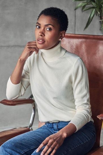 Pure Collection Cashmere Polo Neck White Sweater