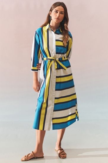 Buy Blue Yellow Stripe Collared Long Sleeve Tie Waisted Midi Shirt Dress from Next Luxembourg
