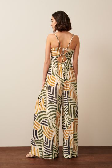 Green palm print jumpsuit outlet