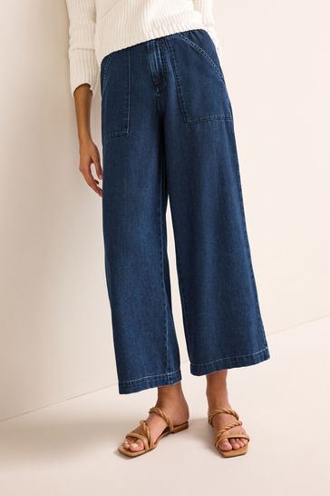 Buy Dark Blue Elasticated Waist Wide Crop Trousers from Next