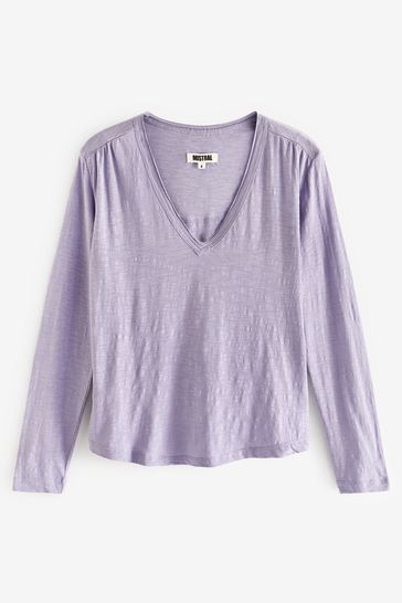Mistral Purple Scooped Hem V Neck Herringbone Trim T-Shirt