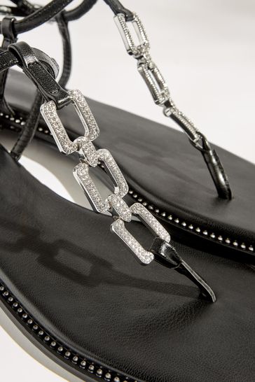Buy Black Forever Comfort Flat Sandals With Jewelled Chain