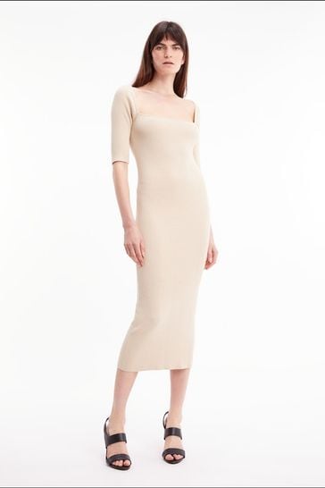 Calvin Klein Rib Square Neck Midi Cream Dress